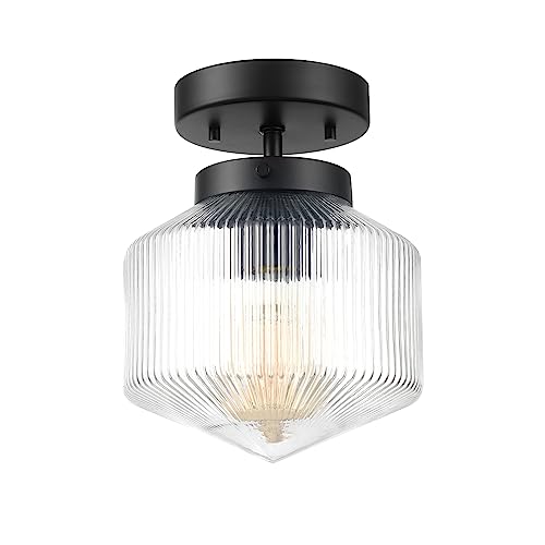 Globe Electric 66000078 1-Light Flush Mount Ceiling Light, Matte Black, Ribbed Clear Glass Shade, Modern Lighting for Bedroom, Living Room, Hallway, Kitchen, or Dining Room, Timeless Lights by Globe Electric - Used condition - US$40.99