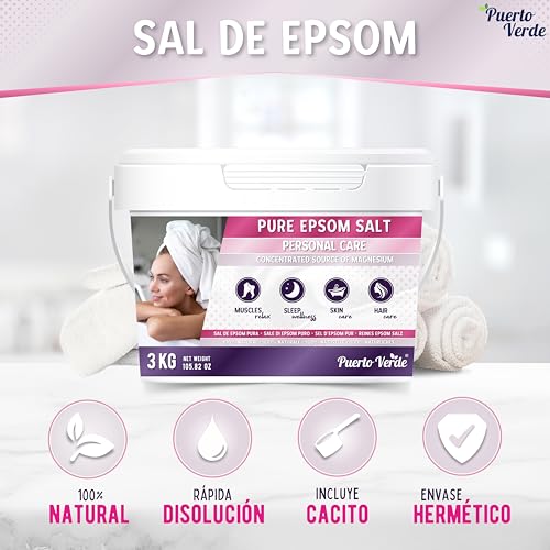 Puerto Verde • Sal de Epsom Pura 3 Kg. Fuente Concentrada de Magnesio. Sal de Baño y Cuidado Personal. Sales Epsom de Rápida Disolución para Relajación Muscular y Buen Sueño. Producción Española. - imagen 2