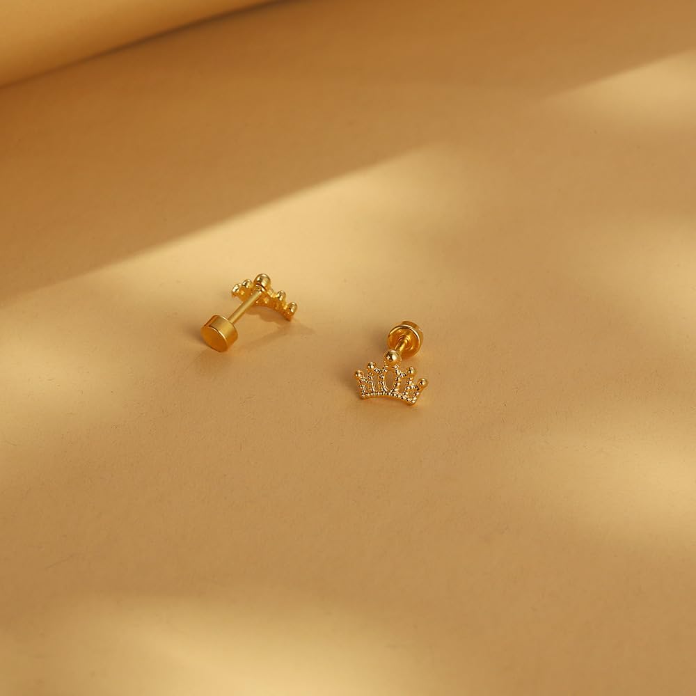 Small Tiny Crown Stud Earring Screw Flat Back Gold Plated Stainless Steel Hypoallergenic Earrings Dainty Cartilage Piercing Jewelry - Image 3