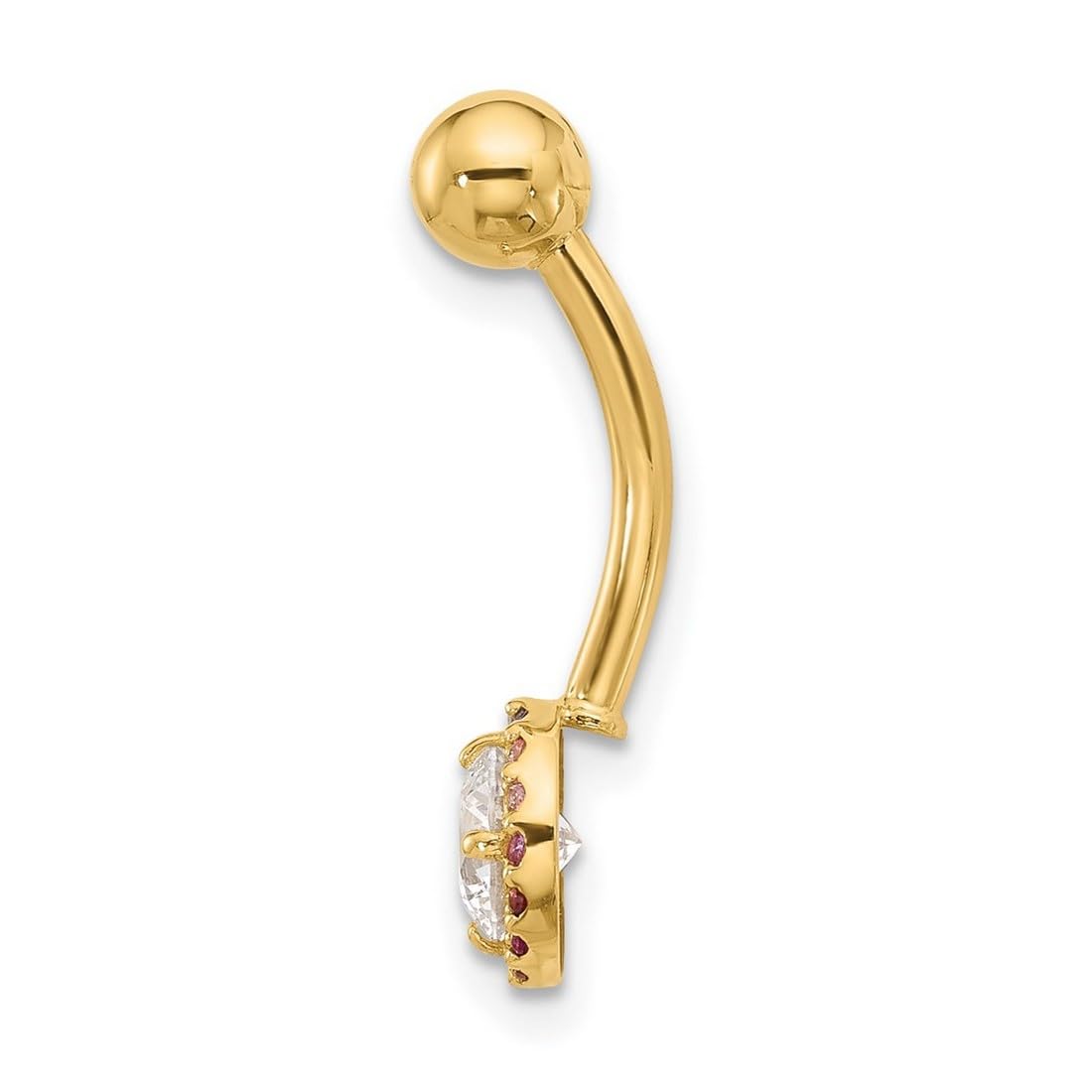 Bauchnabelring aus 14 Karat Gold, 14 Gauge, poliert, Zirkonia, künstlicher Diamant, 24 mm lang, Schmuckgeschenk für Frauen, Metall, Zirkonia