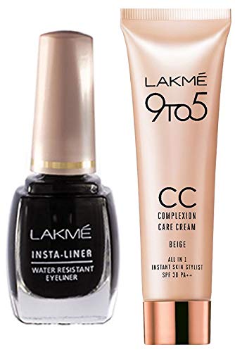 Image of LAKME Insta Eye Liner, Matte Finish, 9ml - Black And Complexion Care Face Cream, Beige, 9g