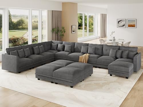 Image of LLappuil 14-Seat Modular Sectional Sofa with Storage, 163 inch Oversized U-Shaped Corduroy Couch with 10 Throw Pillows, Pet-Friendly Convertible Pit Sofa for Large Spaces, Skin-Friendly, Grey