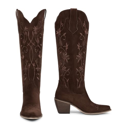 Image of wetkiss Cowboy Boots Womens Knee High Cowgirl Boots Embroidered Pointed Toe | Cowgirl Boots, Retro Embroidery, Block Heel, Stable and Comfortable, Pull-On, Style for a Classic Vintage Western Look