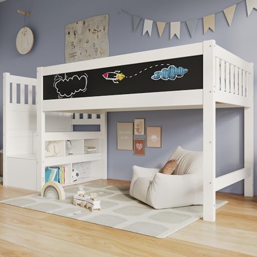 LAKFEW Cama Infantil Cama Alta 90x200 cm con Escalera de Almacenamiento y Pizarra, Camas Infantiles con Protección Anticaída, Cama para Niños, Camas Altas de Madera, Blanco, Sin Colchon
