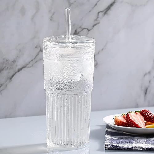 Image of Ash & Roh 550ml Large Ribbed Glass Cup with Straw, Reusable Glass Tumbler with Lid for Iced Coffee, Bubble Tea, and Smoothies (Pack of 1)
