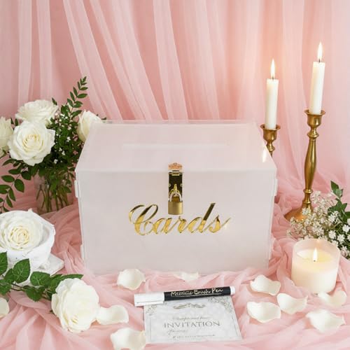 Image of 11 inch Frosted Wedding Card Box with Lock, Acrylic Gift Card Box for Wedding Decorations for Reception, Honeymoon Fund Money Box for Bridal Shower Decorations Party Reception Anniversary