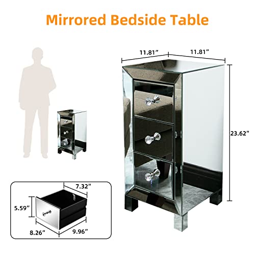 Mirrored Nightstand, Mirrored End Table with 3-Drawer and Crystal Style Knobs, Modern Deluxe Mirrored Bedside Table for Bedroom, Living Room, Small Place, Silver, 11.81" L x 11.81" W x 23.62" H - Image 3