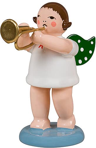 KDE Ellmann Angel with Cornet - 6,5 cm / 2.6 inch - gr?ne Fl?Gel - Weihnachtsengel Erzgebirge