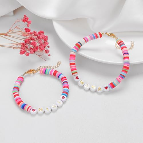 Image of Back To School Gifts for Mom and Daughter Mama and Mini Braclets First Day of School Mommy and Me Bracelet Heart Clay Bead Bracelets