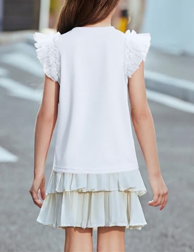 Arshiner Mädchen Tshirt Spitzenärmeln Kinder Blusen Sommer Rundhals Kurzarmshirt Fliegenden Ärmeln Oberteil Freizeit Einfarbig Shirt für Mädchen 13-14 Jahre Weiß