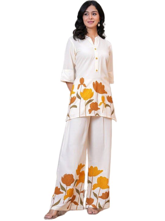 Womens Pure Rayon 3/4 Sleeves Collar Neck Co_Ord Set Featuring Lotus Design Breathable Soft Fabric-image-30