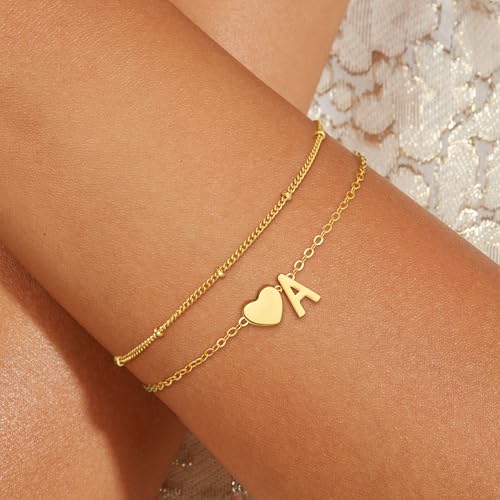 Gold Initial Bracelets for Women Girls - 18K Gold Plated Heart Initial Bracelet Teen Girl Gifts Trendy Stuff Dainty Gold Bracelets for Women Girls Trendy Jewelry Gifts2
