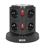  BEVA Mehrfachsteckdose mit 3 USB Steckdosenleiste mit Dimmbarem Nachtlicht Steckdosenturm (2500W/10A) Multi Steckdosen Steckerleiste, Überspannungsschutz (mit Schalter & 2m Kabel) (8 Fach (Schwarz))