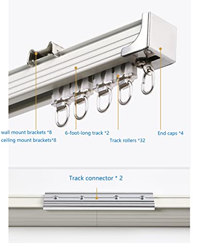 Ceiling Curtain Track Set,Room Divider Track, Shower Curtain Track Set with Hooks and All Accessories for Living Room, Bed Room, Closet and Sliding Door (For Spaces 6ft - 12ft Wide, White)
