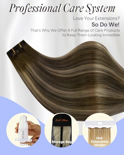 Image of Full Shine Balayage Clip in Hair Extensions, Medium Brown to Honey Blonde | Thick Human Hair Clip in Extensions, Invisible Weft Full Head Hair, 24 Inch 150g 7Pcs, Long Layered Styles, Dense Hair