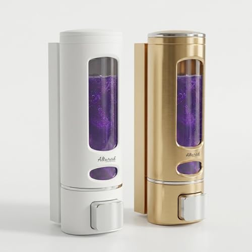 Image of ALTURAS Wall Mounted Liquid Soap Dispenser, ABS, 400 ML, for Shampoo, Sanitizer and Gel Handwash Dispenser (400 ML Gold and White)