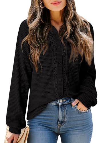 Dokotoo Womens Waffle Knit Crochet Lace Shirts 2025 Fall Long Sleeve Button Down Blouses