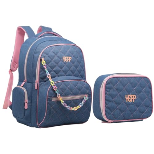 Kit Mochila Grande Escolar Estojo Box Juvenil Jeans Matelasse Teen Feminina (AZUL)