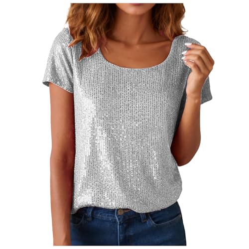 Glitzer T-Shirt Damen Pailletten Oberteil Bluse Modisches Kurzarm...