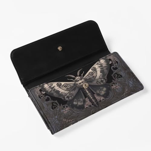 Goth Moth Purse Black PU Leather Slim Wallet for Women, Gothic Floral Long Trifold Clutch Checkbook Wallets with Zipper Pocket, Vintage Victorian Purse Credit Card Holder2