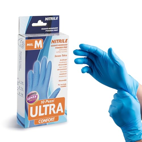 Bottari Guanti in Nitrile Monouso Senza Talco Ultra Confort, Confezione da 10 Pezzi, Taglia M, Resistenti e Comodi
