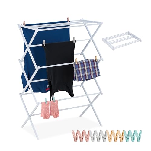 Relaxdays Wäscheständer klappbar, 11 Stangen, HxBxT: 105 x 74 x 37 cm, Metall, platzsparender Turmwäscheständer, weiß