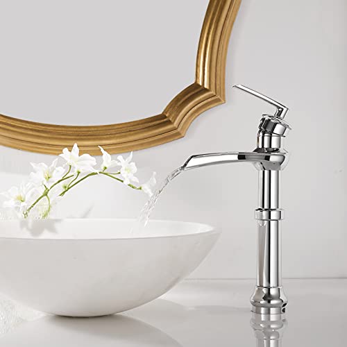 Homevacious Chrome Bathroom Vessel Sink Waterfall Single Hole Bathroom Faucets With Pop Up Drain Assembly Single Handle Modern Bowl Mixer Tap Supply Line Lead-Free #TOP1