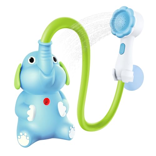 Image of Baby Bath Shower Head for Kids Ages 1-3 Essentials, EDCREATY Rechargeable Cute Elephant Sprays Bathtub Toys with Rubber Hose Spout for 0 6 12 18 Months Toddlers Newborn Infants Boys and Girls(Blue)