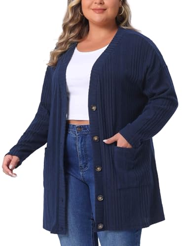 Agnes Orinda Plus Size Cardigans for Women Button V Neck Long Sleeve Lightweight Soft Knit Cardigan with Pockets