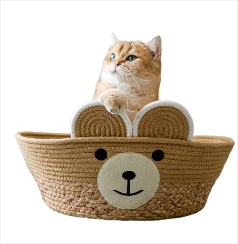 EPAPEY Woven Cotton Rattan Rope Cat Bed, 14" Warm Cute Sleeping Nest Basket Scratcher Cuddler, Cooling Lovely Calming Indoor Anti Anxiety Round Soft Litter Mat Cushion for Pets to Sharpen Claws