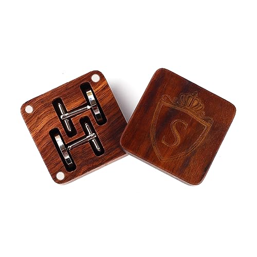 Image of Mens Initial Silver Cufflinks A-Z Alphabet Letter Steel Cuff Links with Engraved Walnut Wood Box Groom Groomsman Wedding Set