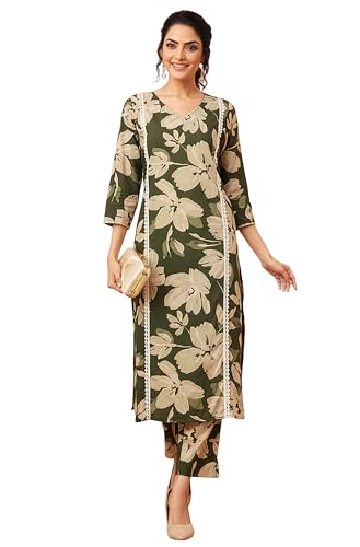 Image of Janasya Women's Olive Pure Cotton Floral Printed Straight Kurta Pant Set