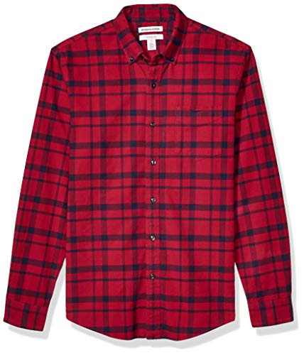 Amazon Essentials Men's Slim-Fit Plaid Long-Sleeve Pocket Oxford Shirt, Red Windowpane, Medium