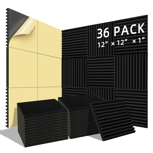 WELSTIK Lot de 36 panneaux acoustiques en mousse de 30,5 x 30,5 x 2,5 cm – Panneaux insonorisants en mousse pour studio – Pour mur et plafond – Noir