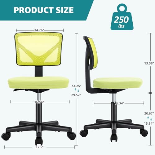 Image of OLIXIS Armless Office Chair, Ergonomic Desk Chair with Wheels, Mesh Back, Removable Washable Foam Cushion, Height Adjustable Rolling Swivel Chairs for Small Space, Home, Office, Green