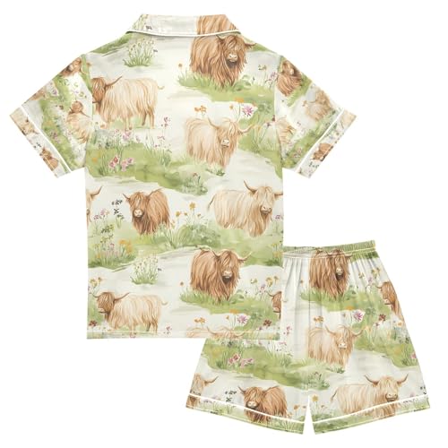 senya Highland Cattle Meadow Satin Summer Pajama Sets Silk Short Sleeve Button Down Sleepwear2
