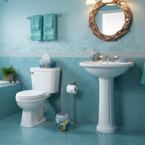 Image of 4 Inch Turtle Toilet Brush Holder, Resin Ocean Bathroom Decor | Resin mother & baby turtle, hygienic lid, ocean blue coastal decor, cute bathroom organizer, YHHRESINKING