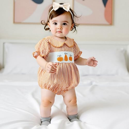 BULINGNA Newborn Baby Girl Halloween Outfit Bubble Sleeve Plaid Pumpkin Romper Summer Doll Collar Princess Clothes4