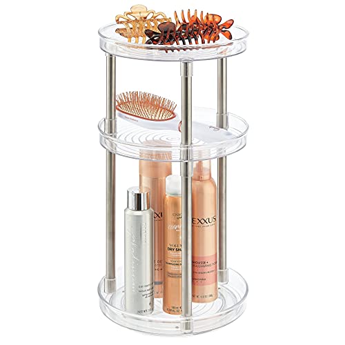 mDesign Spinning Tall 3-Tier Lazy Susan Makeup Turntable Storage Center Tray - Rotating Organizer for Bathroom Vanity Counter Tops, Dressing Tables, Cosmetic Stations, Dressers - Clear/Chrome