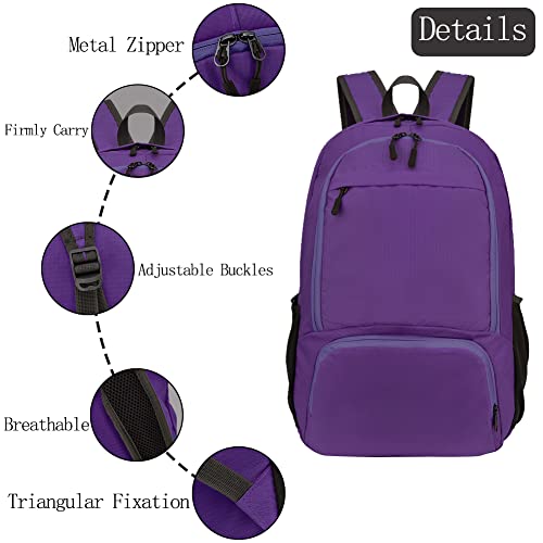 HYCOPROT 35L Packable Backpack Ultra Lightweight Foldable Rucksack Water Resistent Breathable Bag for Men Women Outdoor Camping Walking Hiking Climbing Travel Daypack (Purple-1) - Image 3