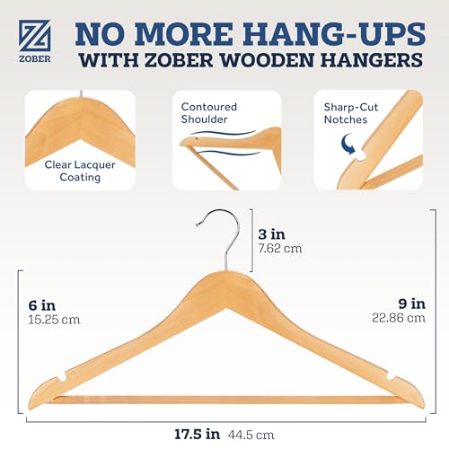 Image of Zober Wooden Suit Hangers 30 Pack with Non Slip Pants Bar - Smooth Finish Solid Wood Coat Hanger with 360 Swivel Hook & Precisely Cut Notches for Camisole,Jacket,Pant,Dress Clothes Hangers - 1 Count