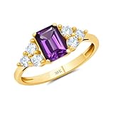 MAX + STONE Solid 10K Yellow Gold Ring for Women with Emerald Cut Purple Amethyst Gemstone and Created White Sapphire Accents | February Birthstone Rings | Real Amethyst Anniversary Ring Size 7
