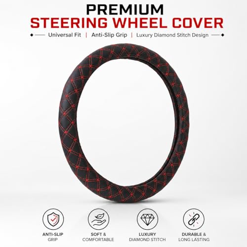 Image of Car Steering Wheel Cover for Car, Premium Leatherette Steering Cover, Anti-Slip Grip, Sweat Resistant, Comfortable Hold, Easy Install, Black-Red for Tata Punch