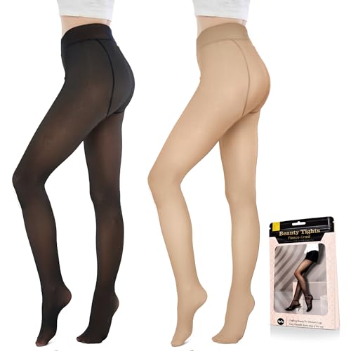 Welvgnnce Fleece Lined Tights Sheer Women - Fake Translucent Warm Pantyhose Leggings Sheer Thick Tights for Winter Black+Beige