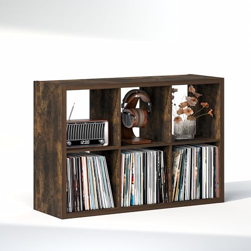 Image of Furinno Cubicle Record Player Stand, 6-Cube Record Storage, Amber Pine | Vinyl Storage, 1.2 inchInch Extra Thick, Open Back Media Shelf for CD DVD Bluray Game Disc, for Living Room, Home Office
