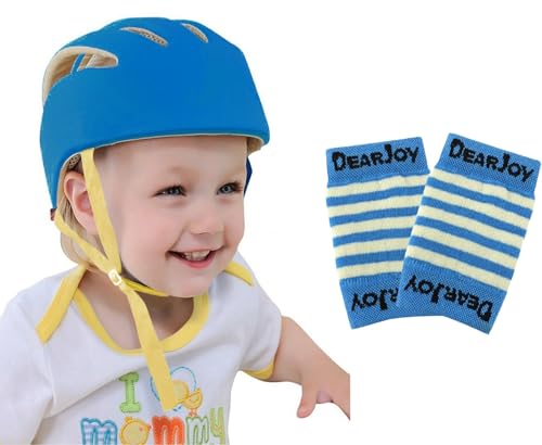 DearJoy Baby Head Protector Helmet with Adjustable Safety Chin Harness – Prevents Bumps & Falls | Baby Safety Helmet (6 to 60 Months) | Combo with Kneepads (Blue)