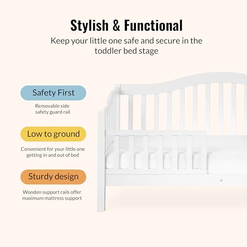 Image of Dream On Me Austin Wooden Toddler Day Bed for Kids, White | GREENGUARD Gold Certified & BSA Verified, Low-to-Floor Design, Removable Safety Guardrail, Solid New Zealand Pinewood