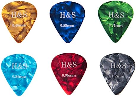 H&S Guitar Picks 50pcs Guitar Plectrums with Tin Case for Acoustic Electric Bass Guitar Ukelele 0.46 0.58 0.71 0.84 0.96 1.2mm