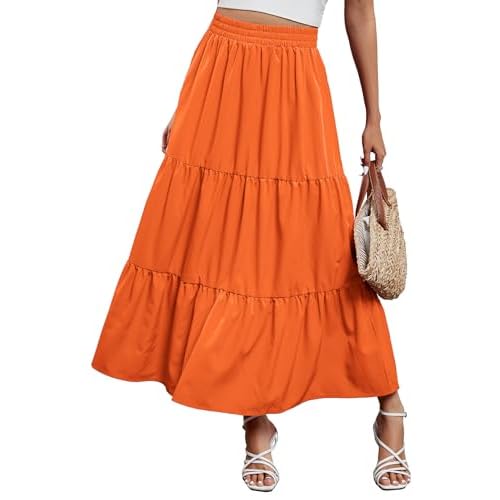Arolina Maxi Skirt for Women Summer Boho Elastic High Waist Pleated A-Line Flowy Ruffle Swing Tiered Long Beach Skirt Dress Small Orange