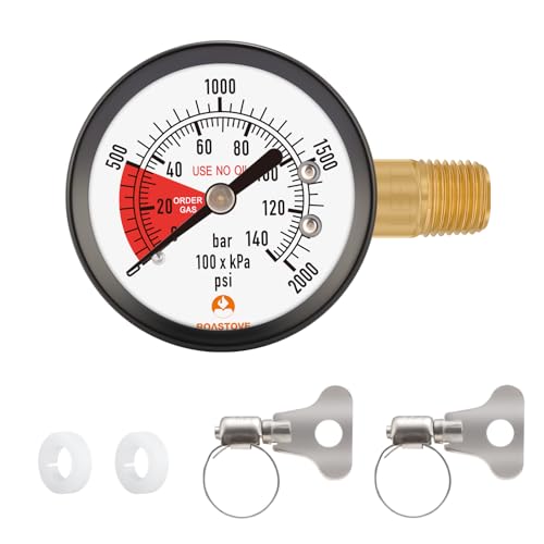 Roastove 2" Pressure Gauge for CO2 Beer keg Regulator,Regulator Gauge,0-2000psi,Left Hand Thread, with 2 Additional Sealing gaskets and Hose Clamps
